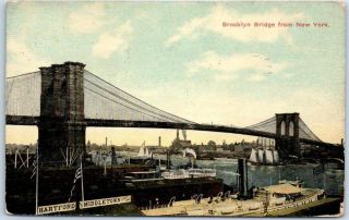 Vintage York City Postcard Brooklyn Bridge W/ East River Scene 1914 Cancel