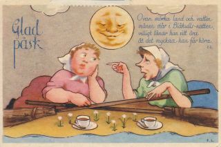 Old Postcard Easter Witch 2 Witches 2 Brooms Drink Tea Moonlight Sweden Sm Card