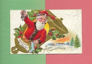 Santa,  Skates,  Stocking Colorful Vintage Christmas Postcard - - Brother 