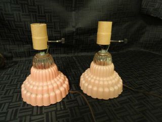 Vintage Art Deco Pair Pink Glass Lamp Bases Boudoir Desk Lamp Diff Shades Pink