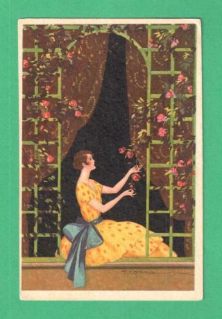 1932 T.  Corbella Art Deco Postcard Pretty Lady Trellis Of Roses
