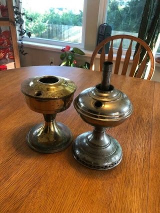 2 Antique Aladdin Oil / Kerosene Lamp Bases 1 Silver Plate 1 Brass 5 23 Patina