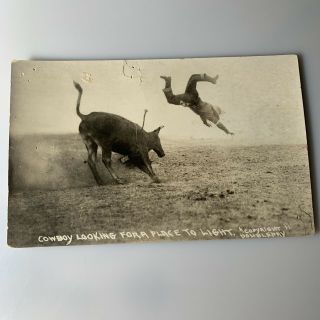Rppc Real Photo Postcard 1920s Rodeo Cowboy Getting Thrown Bull Rider Azo