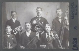 1890s Cabinet Card Photo Manning Ia 6 Man Orchestra Horns & Violins & Cello