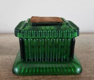 Antique Moisting Device Co,  Pottstown,  Pa Green Glass Stamp Container 1897
