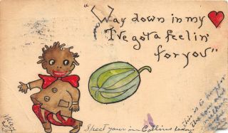 F34/ Black Americana Postcard 1908 Hand - Drawn Child Watermelon 1