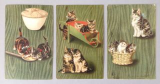 Vintage Helena Maguire Cat Postcards (3) Cats With Spoon,  Wheelbarrow,  Basket