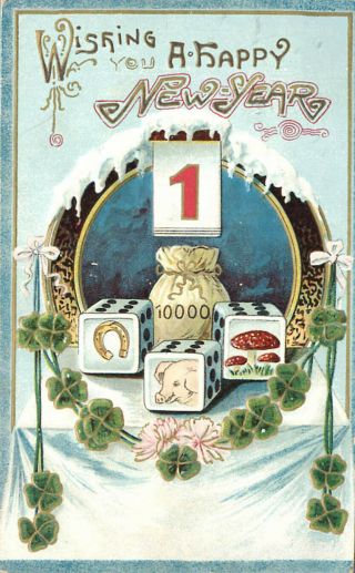 Happy Year Lucky Horseshoe Dice Mushroom Pig 1910 Illustration Art Postcard