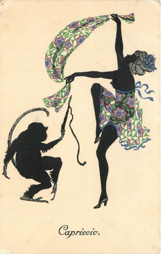 Silhouette Postcard Semi Nude Woman Dances With Ape Color Overlay Capriccio