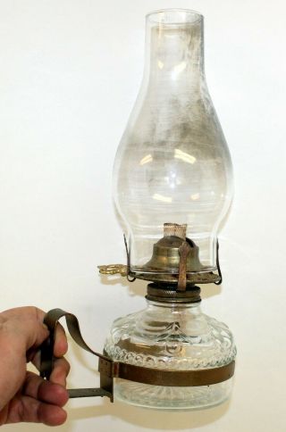 Vintage Farm House Style Oil Kerosene Glass Lamp With Brass Carry Wall Hanger