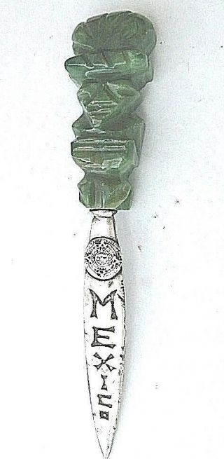 Vintage Mexico Sterling Silver Green Onyx Aztec God Letter Opener Dagger