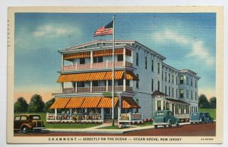1945 Nj Postcard Ocean Grove Shawmont Hotel Monmouth Vintage Cars Awnings Flag
