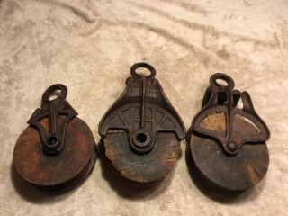 Antique Barn Pulleys Wooden Cast Iron Myers 299 Set Of 3