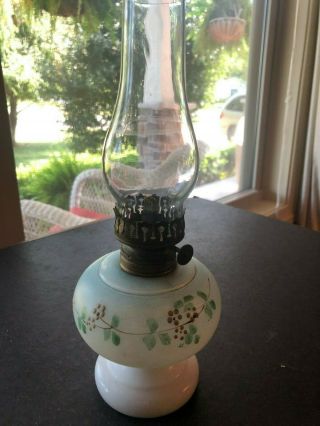 Antique Light Blue On White Milk Glass With Painteed Flowers Miniature Oil Lamp