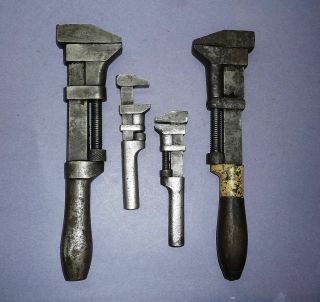 Four Antique Iron & Wood Handled Adjustable Square - Nut Wrench 