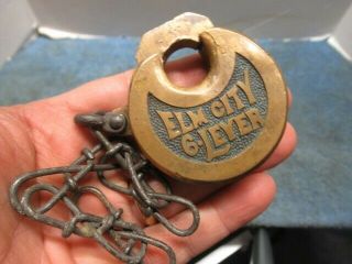 Old Round Brass Pancake Push Key Padlock Lock Elm City 6 Lever N/r