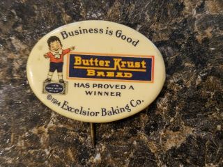 @ 1914 Butter Krust Bread Celluloid Pinback Button W Little Kid Character