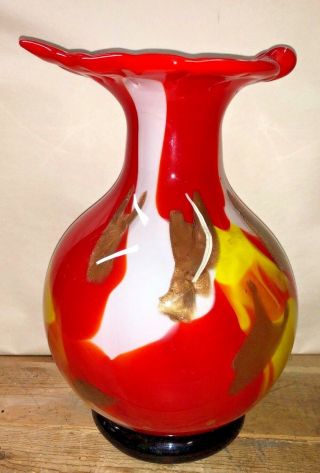 Murano Italian Art Glass Lily Rimmed Vase Red White Yellow Gold 11 1/2 Heavy