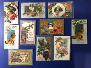 10 Christmas Dogs Antique Vintage Postcards.  Collector Items 1900 