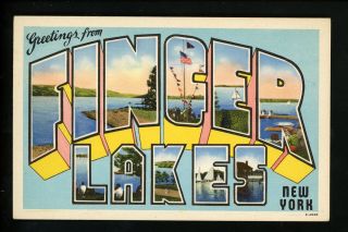 Large Letter Linen Vintage Postcard York Ny,  Finger Lakes Jubb
