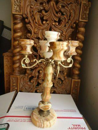 Vintage Brass And Onix Marble Candelabra,  Vintage Onix Stone 13  Tall