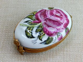 Limoges France Hinged Trinket Box - Artist Signed Raised Rose Flower On Oval Box