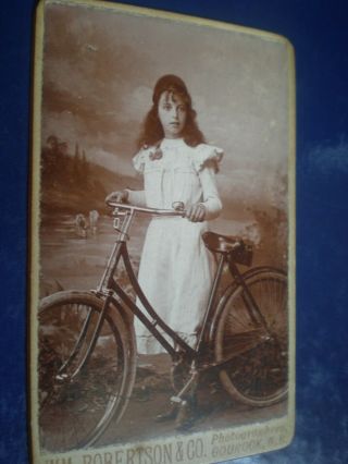 Small Cdv Old Photograph Girl Bicycle By Robertson At Gourock C1890s