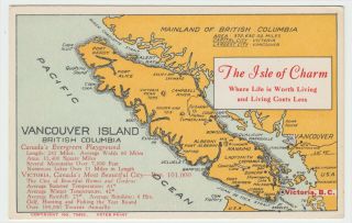 British Columbia Vancouver Island " The Isle Of Charm " Map Postcard Circa 1920