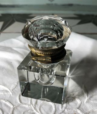 Vintage French Style Antique Cut Crystal Beveled Inkwell Hinged Brass Lid