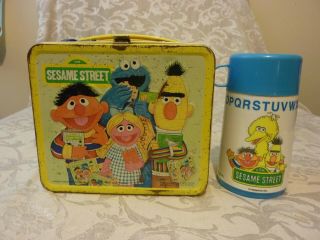 Vintage Sesame Street Metal Lunchbox With Thermos 1980s Has Wear
