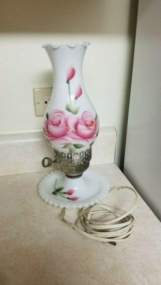 Vintage Hand Painted Milk Glass Hurricane Electric Lamp Pink Flowers 12 "