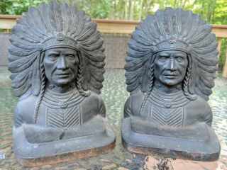 Vintage Pair Cast Iron Metal Indian Chief Bookends Native American W/ Swastika