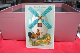 1916 Postcard Easter Greeting Wind Mill Egg With Rooster & Chickens