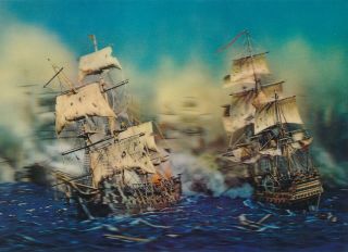 Vintage 3d Lenticular Postcard Two Clipper Pirate Ships