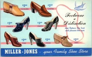 Vintage Linen Advertising Postcard Miller - Jones Shoe Stores W/ 1941 Ind.  Cancel
