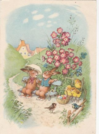 1956 Fritz Baumgarten Easter Rabbits Bunnies Chicken Eggs Old German Postcard
