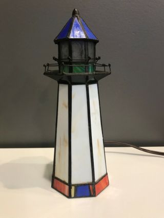 Vtg Tiffany Style Stained Glass Lighthouse Accent Table Lamp Night Light 11” H