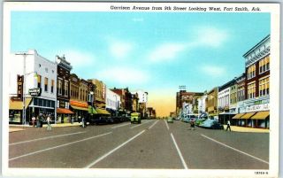 Fort Smith,  Arkansas Postcard Garrison Avenue Looking West Downtown Scene Linen