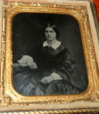 Old Tintype Photo Pretty Young Woman 1/6th Plate In Half Case Brass Frame