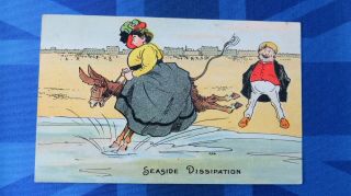 Vintage Comic Postcard 1907 Seaside Beach Donkey Large Lady Jockey Theme