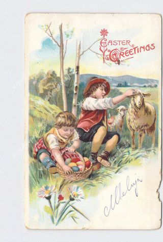 Ppc Postcard Easter Greetings Children With Basket Of Eggs And Sheep Embossed