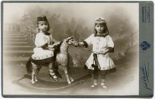 Cabinet Card Photo Of Sisters With A Rocking Horse,  Innsbruck,  Austria C.  1900
