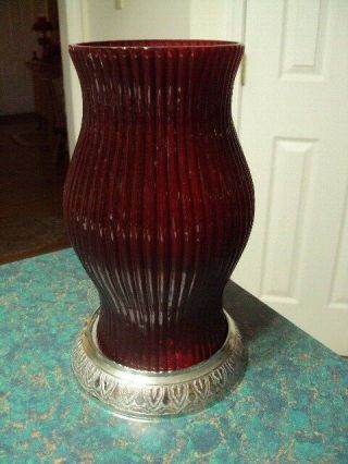 2 Piece Vintage Ruby Red Hurricane Candle Lamp W/silver Base Bottom Holder.