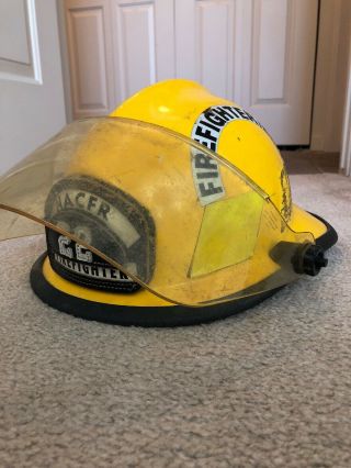 Vintage Yellow Fire Fireman Firefighter Helmet Probationary Leather Badge
