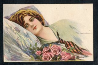 E354 Postcard Artist Signed Corbella Art Deco Woman With Roses In Bed