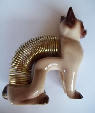 Vintage Large 7 " Siamese Pottery Cat Metal Coil Mail Bills Holder Mid Century