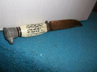 Vintage Pic Solingen Germany Hunting Knife Stag Handle & Etched Blade W/sheath