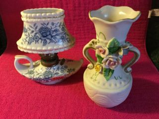 Vintage Aladdin Mini Porcelain Oil Lamp Made In Japan And Small Bud Vase