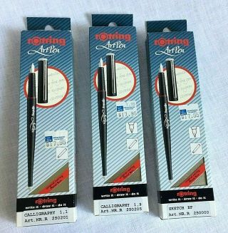 3 Rotring Art Pens Package Metal Box Calligraphy 1.  1 And 1.  9 Sketch Ef