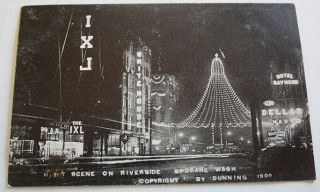 Vintage 1909 Night Scene Lights & Signs Riverside Spokane Washington Post Card